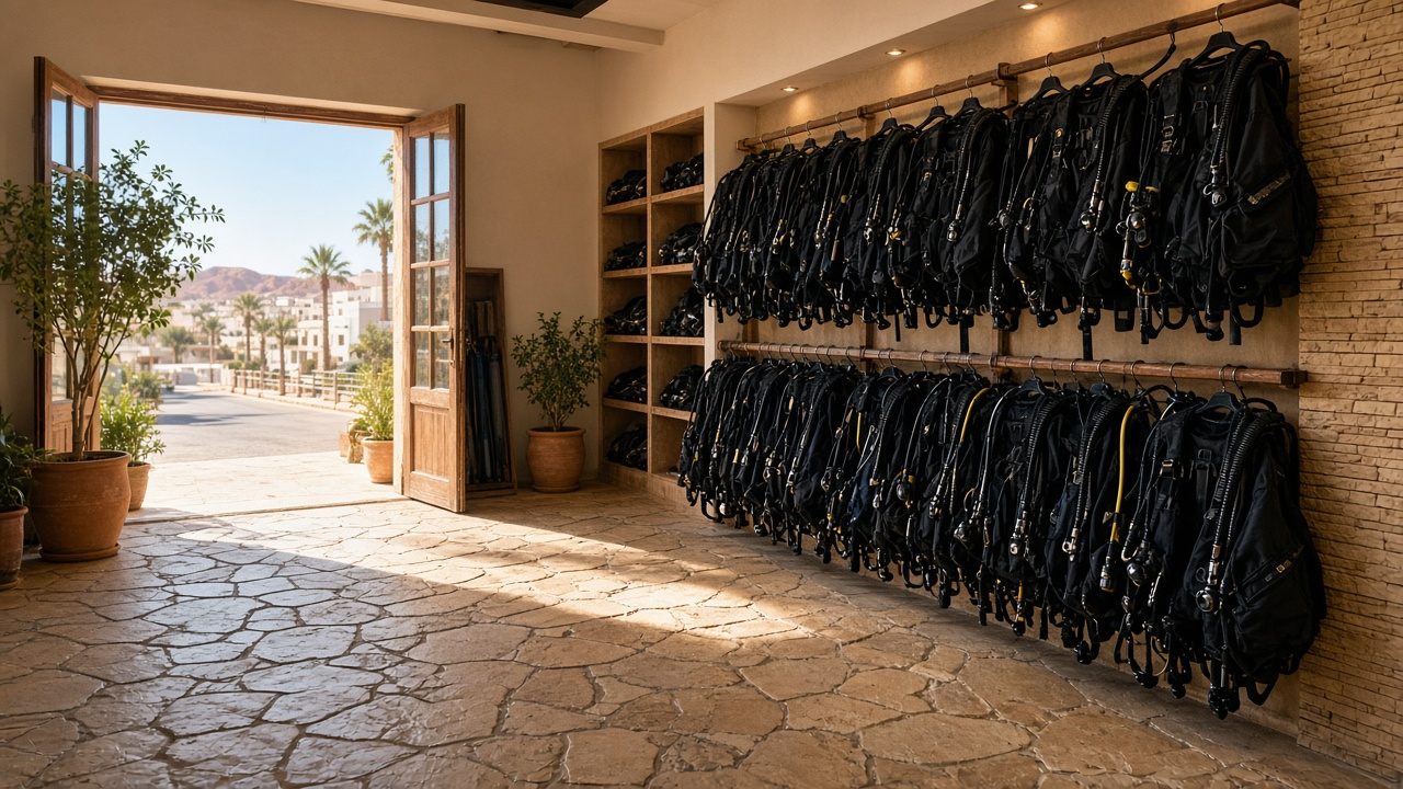 Dive centre kit room with BCDs and regulators arranged on racks