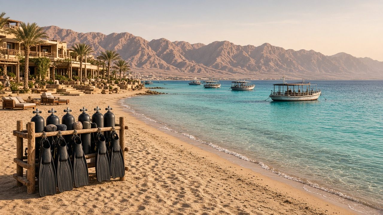 Beachfront dive hotel on Naama Bay with a sandy entry to the Red Sea