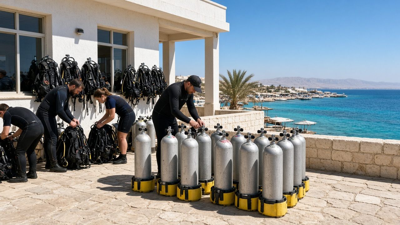 Dive school on the Sharm waterfront with scuba tanks on a rack