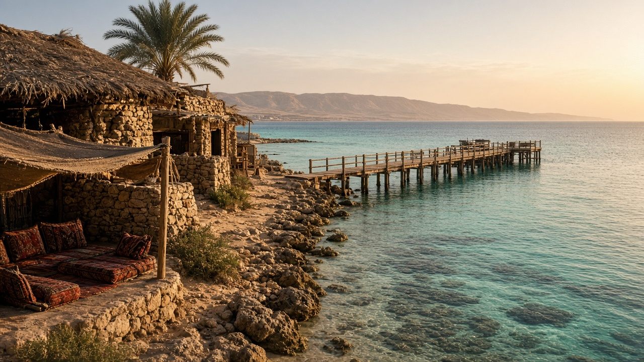 Rustic Sinai beach village with bungalows and a wooden pier at Shark’s Bay