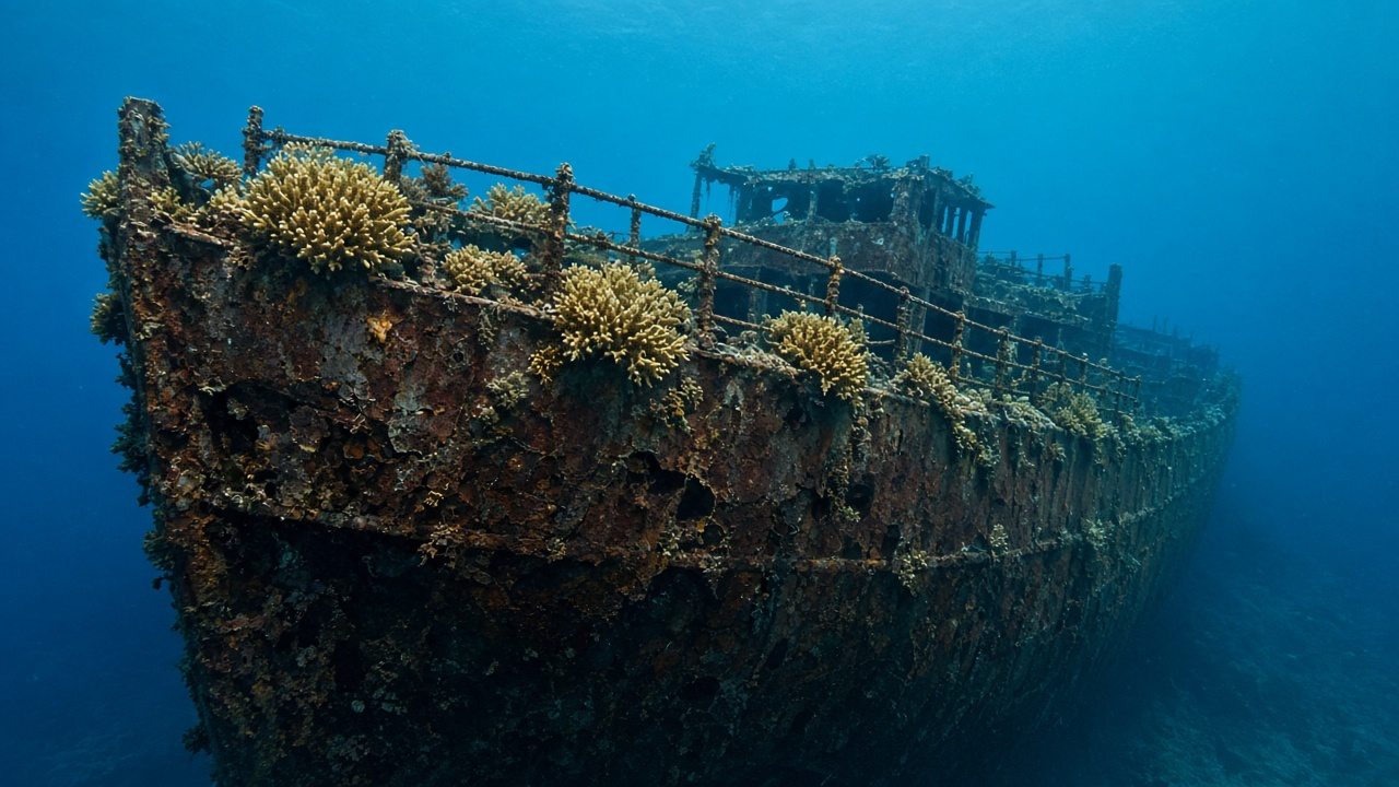 Rusted steel wreck hull in clear Red Sea water