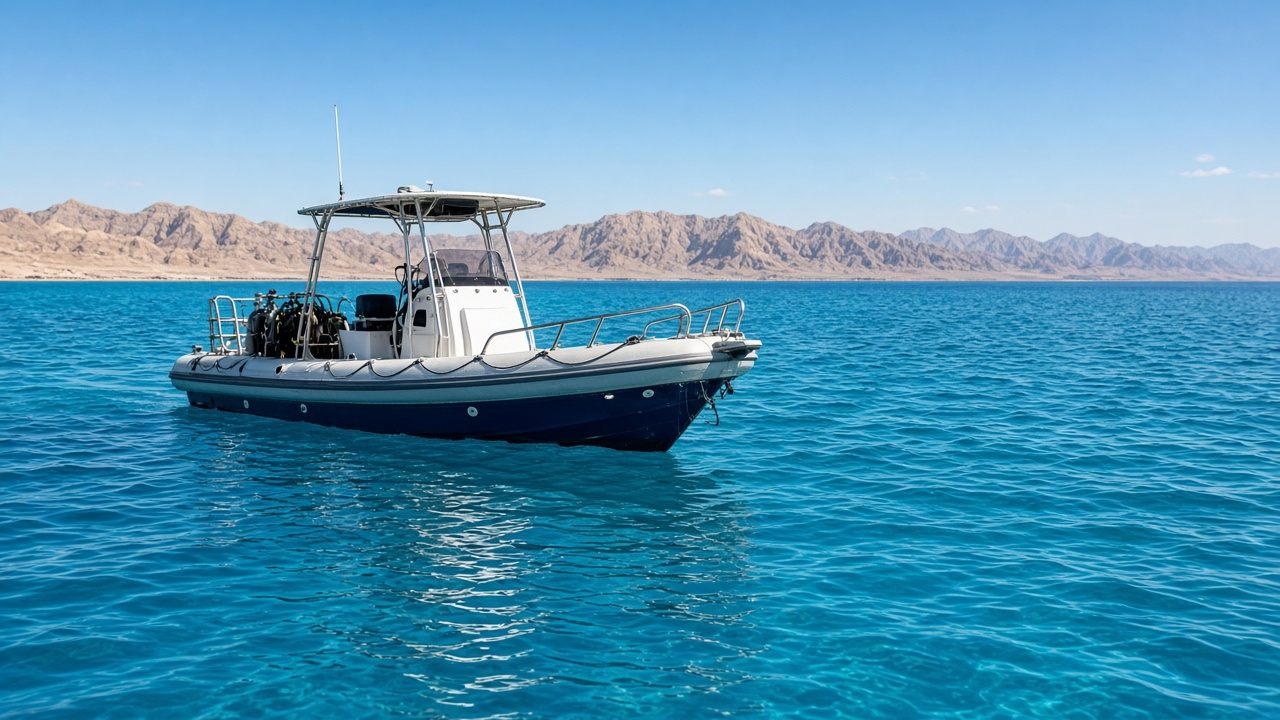 Dive boat over turquoise water in the Straits of Tiran